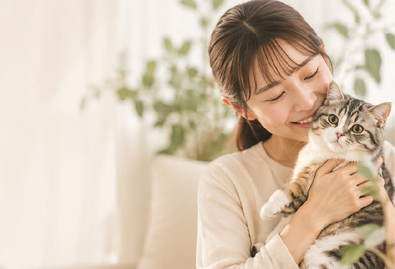 猫を抱く飼い主さま